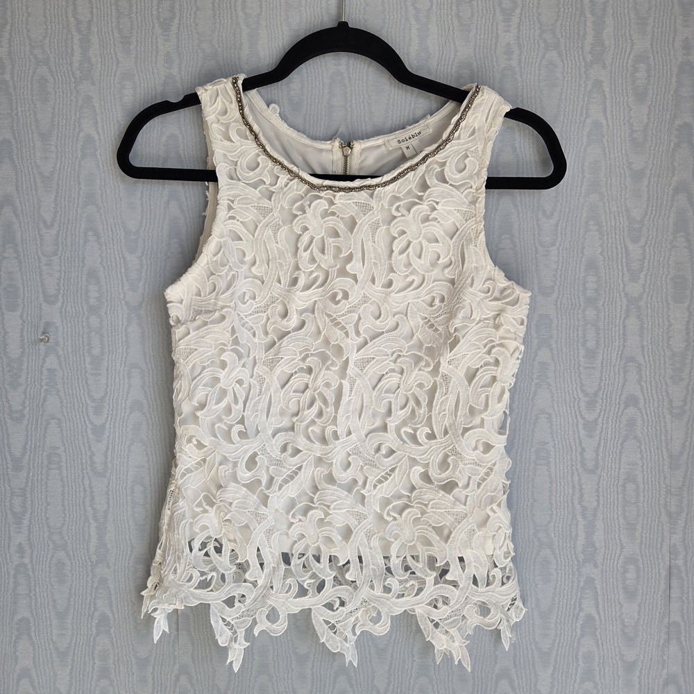 Women's Small Lace Top Soieblu Beaded Jewel Zipper Sleeveless Bridal White Fairy
